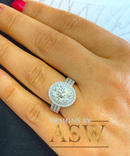 Load image into Gallery viewer, 14k White Gold Oval and Round Cut Moissanite and Natural Diamond Engagement Ring Double Halo Triple Shank Design 2.65ctw
