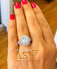 Load image into Gallery viewer, 14k White Gold Oval and Round Cut Moissanite and Natural Diamond Engagement Ring Double Halo Triple Shank Design 2.65ctw