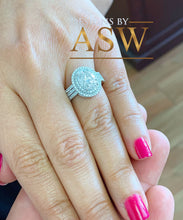Load image into Gallery viewer, 14k White Gold Oval and Round Cut Moissanite and Natural Diamond Engagement Ring Double Halo Triple Shank Design 2.65ctw
