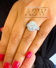 Load image into Gallery viewer, 14k White Gold Oval and Round Cut Moissanite and Natural Diamond Engagement Ring Double Halo Triple Shank Design 2.65ctw