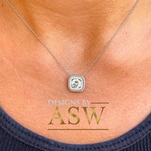 Load image into Gallery viewer, 14k solid white gold round cut moissanite and natural round cut diamonds pendent and chain bridal wedding anniversary filigree 1.15ctw