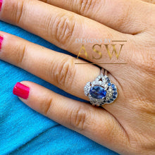 Load image into Gallery viewer, 14k solid white gold Oval cut blue sapphire and round diamonds engagement ring and band halo, bridal, wedding, anniversary, propose 2.50ct