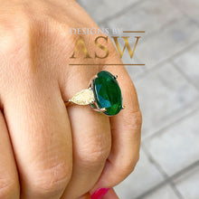 Load image into Gallery viewer, 14k Solid Yellow Gold Oval Cut Emerald Simulated And Fancy Yellow Pear Shape Cut Simulated Diamonds Design Ring Bridal Wedding 6.00ctw