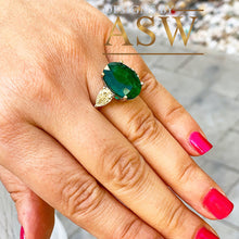 Load image into Gallery viewer, 14k Solid Yellow Gold Oval Cut Emerald Simulated And Fancy Yellow Pear Shape Cut Simulated Diamonds Design Ring Bridal Wedding 6.00ctw