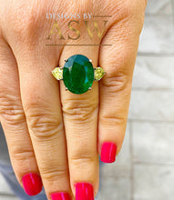 Load image into Gallery viewer, 14k Solid Yellow Gold Oval Cut Emerald Simulated And Fancy Yellow Pear Shape Cut Simulated Diamonds Design Ring Bridal Wedding 6.00ctw
