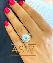 Load image into Gallery viewer, 14k White Gold Oval and Round Cut Moissanite and Natural Diamond Engagement Ring Double Halo Triple Shank Design 2.65ctw