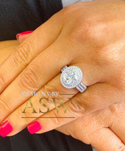 Load image into Gallery viewer, 14k White Gold Oval and Round Cut Moissanite and Natural Diamond Engagement Ring Double Halo Triple Shank Design 2.65ctw