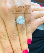 Load image into Gallery viewer, 14k White Gold Oval and Round Cut Moissanite and Natural Diamond Engagement Ring Double Halo Triple Shank Design 2.65ctw