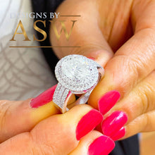 Load image into Gallery viewer, 14k White Gold Oval and Round Cut Moissanite and Natural Diamond Engagement Ring Double Halo Triple Shank Design 2.65ctw