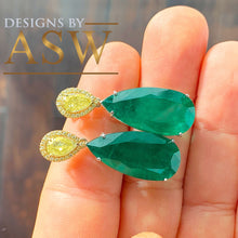 Load image into Gallery viewer, Huge and stunning 14k white and yellow gold pear shape emerald and pear and round cut simulated diamonds earrings dangling 21.50ctw