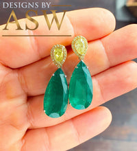 Load image into Gallery viewer, Huge and stunning 14k white and yellow gold pear shape emerald and pear and round cut simulated diamonds earrings dangling 21.50ctw