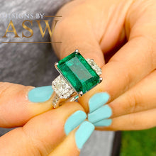 Load image into Gallery viewer, Large 14k solid white gold green emerald and round cushion cut simulated diamond engagement ring bridal, wedding, promise 6.50ctw