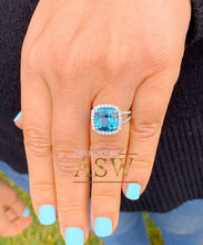 Load image into Gallery viewer, 14k solid white gold cushion cut natural blue topaz and round cut diamonds engagement ring halo split shank 4.70ctw