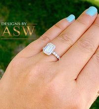 Load image into Gallery viewer, Large 14k solid white gold emerald and round cut simulated diamond engagement ring halo bridal wedding prong set 2.70ct