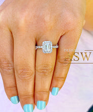 Load image into Gallery viewer, Large 14k solid white gold emerald and round cut simulated diamond engagement ring halo bridal wedding prong set 2.70ct