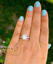 Load image into Gallery viewer, Large 14k solid white gold emerald and round cut simulated diamond engagement ring halo bridal wedding prong set 2.70ct