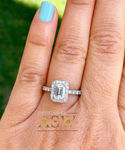Load image into Gallery viewer, Large 14k solid white gold emerald and round cut simulated diamond engagement ring halo bridal wedding prong set 2.70ct