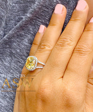 Load image into Gallery viewer, Huge 4.70 Carats 14k Solid White Gold Cushion Cut Simulated Fancy Yellow Diamond and simulated Diamonds Engagement Ring Halo Split Shank
