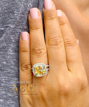 Load image into Gallery viewer, Huge 4.70 Carats 14k Solid White Gold Cushion Cut Simulated Fancy Yellow Diamond and simulated Diamonds Engagement Ring Halo Split Shank