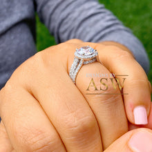 Load image into Gallery viewer, Beautiful 14k solid white gold round forever one moissanite and natural diamond engagement ring halo prong set triple shank 3.80ct