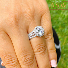Load image into Gallery viewer, Beautiful 14k solid white gold round moissanite and natural diamond engagement ring halo prong set triple shank 3.80ct