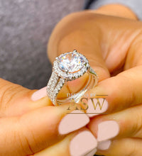 Load image into Gallery viewer, Beautiful 14k solid white gold round forever one moissanite and natural diamond engagement ring halo prong set triple shank 3.80ct