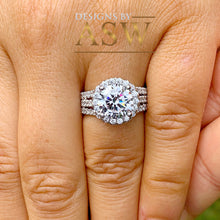 Load image into Gallery viewer, Beautiful 14k solid white gold round moissanite and natural diamond engagement ring halo prong set triple shank 3.80ct