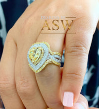 Load image into Gallery viewer, Heavy 14K Solid White And Yellow Gold Fancy Yellow Heart Shape And Round Cut Simulated Diamonds, Engagement Ring And Two Bands 3.50ctw