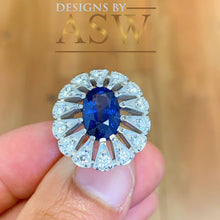Load image into Gallery viewer, 14k solid white gold Natural Oval cut blue sapphire and round cut natural diamonds engagement ring halo, bridal, wedding 2.25ct