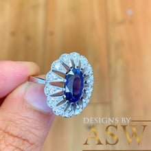 Load image into Gallery viewer, 14k solid white gold Natural Oval cut blue sapphire and round cut natural diamonds engagement ring halo, bridal, wedding 2.25ct