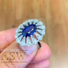 Load image into Gallery viewer, 14k solid white gold Natural Oval cut blue sapphire and round cut natural diamonds engagement ring halo, bridal, wedding 2.25ct