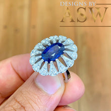 Load image into Gallery viewer, 14k solid white gold Natural Oval cut blue sapphire and round cut natural diamonds engagement ring halo, bridal, wedding 2.25ct