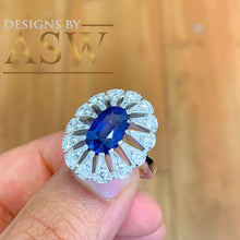 Load image into Gallery viewer, 14k solid white gold Natural Oval cut blue sapphire and round cut natural diamonds engagement ring halo, bridal, wedding 2.25ct