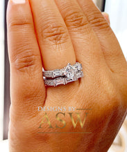 Load image into Gallery viewer, Kite Style 14k Solid White Gold Princess, Baguettes, and Round Cut Simulated Diamond Engagement Ring And Band Bridal Wedding Antique 2.50ctw