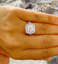 Load image into Gallery viewer, Heavy 14k Solid White Gold Cushion Cut Simulated Diamond Engagement Ring And Band Double Halo Deco Bridal Wedding 2.50ctw