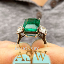 Load image into Gallery viewer, Large 14k solid white gold green emerald and round cushion cut simulated diamond engagement ring bridal, wedding, promise 6.50ctw