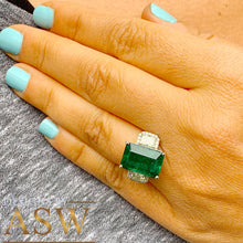 Load image into Gallery viewer, Large 14k solid white gold green emerald and round cushion cut simulated diamond engagement ring bridal, wedding, promise 6.50ctw
