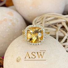 Load image into Gallery viewer, 14K Yellow Gold Cushion Cut Yellow Citrine and Round cut Natural Diamonds Engagement Ring Halo Split Shank Bridal Wedding Anniversary 4.80ct
