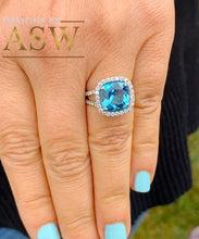 Load image into Gallery viewer, 14k solid white gold cushion cut natural blue topaz and round cut diamonds engagement ring halo split shank 4.70ctw