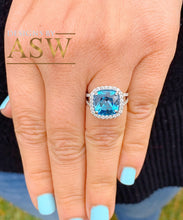Load image into Gallery viewer, 14k solid white gold cushion cut natural blue topaz and round cut diamonds engagement ring halo split shank 4.70ctw