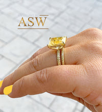 Load image into Gallery viewer, ELEGANT 14K Solid Yellow Gold Radiant Cut Fancy Yellow Simulated Diamond Engagement Ring And Band Prong Set round cut sides 5.00ctw