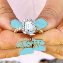 Load image into Gallery viewer, Large 14k solid white gold emerald and round cut simulated diamond engagement ring halo bridal wedding prong set 2.70ct