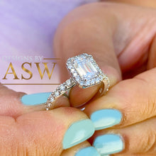 Load image into Gallery viewer, Large 14k solid white gold emerald and round cut simulated diamond engagement ring halo bridal wedding prong set 2.70ct