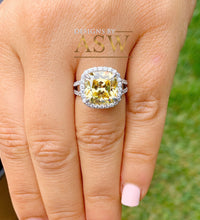 Load image into Gallery viewer, Huge 4.70 Carats 14k Solid White Gold Cushion Cut Simulated Fancy Yellow Diamond and simulated Diamonds Engagement Ring Halo Split Shank