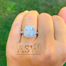 Load image into Gallery viewer, Beautiful 14K Solid Heavy White Gold Asscher Cut Simulated Diamond Engagement Ring Bezel Set Halo Wedding Anniversary Round Cut 4.00ct