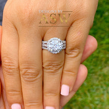 Load image into Gallery viewer, Beautiful 14k solid white gold round forever one moissanite and natural diamond engagement ring halo prong set triple shank 3.80ct