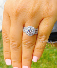 Load image into Gallery viewer, Beautiful 14k solid white gold round moissanite and natural diamond engagement ring halo prong set triple shank 3.80ct