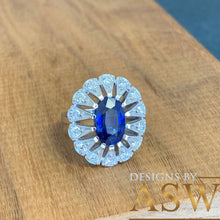 Load image into Gallery viewer, 14k solid white gold Natural Oval cut blue sapphire and round cut natural diamonds engagement ring halo, bridal, wedding 2.25ct