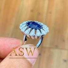 Load image into Gallery viewer, 14k solid white gold Natural Oval cut blue sapphire and round cut natural diamonds engagement ring halo, bridal, wedding 2.25ct