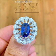 Load image into Gallery viewer, 14k solid white gold Natural Oval cut blue sapphire and round cut natural diamonds engagement ring halo, bridal, wedding 2.25ct